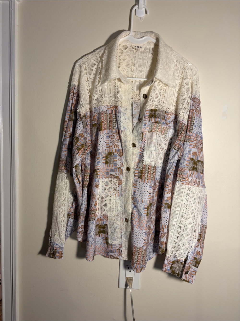 POL Lace-Panel Button-Down Shirt in Ivory, Light Blue, Brown
